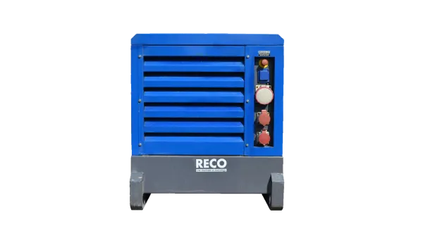 Zijkant van RECO diesel aggregaat 30 kVA met ventilatierooster en aansluitingen
