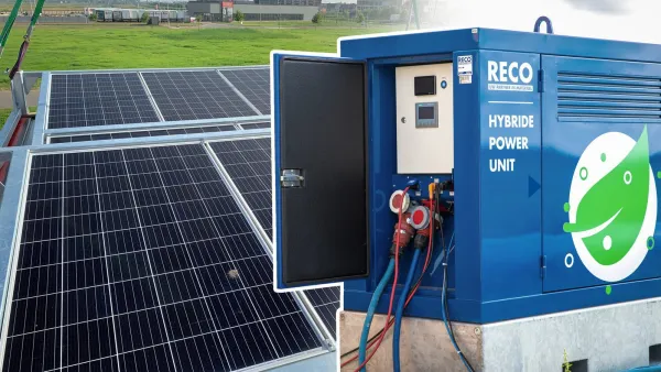 RECO hybride power unit met zonnepanelen voor duurzame energievoorziening van een bouwkeet.