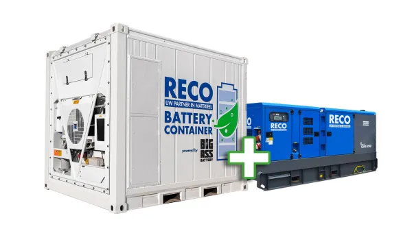 RECO hybride aggregaat met 500 kWh batterijcontainer en dieselaggregaat.