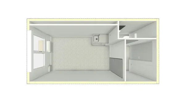 Plattegrond van een kantoorunit met toilet, keuken en open kantoorruimte