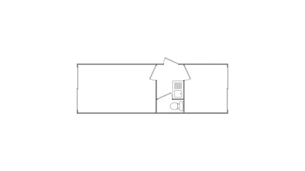 Plattegrond van een vrijstaande bouwkeet met keuken en toilet.