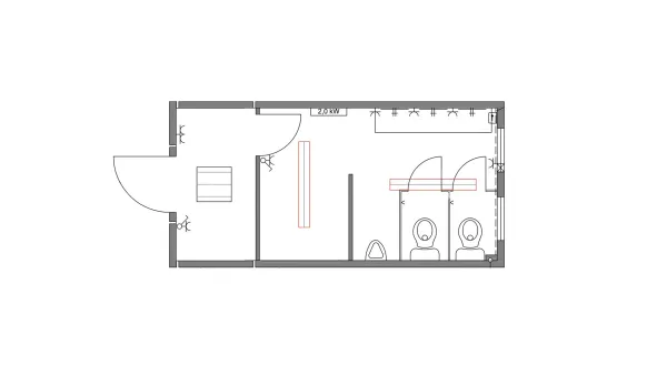 Plattegrond van sanitairunit met kleedruimte en twee toiletten.