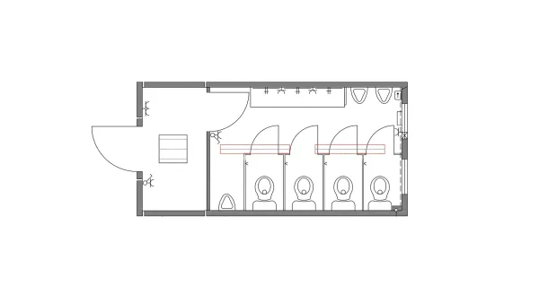 Plattegrond van toiletunit met 4 toiletten en 3 urinoirs.
