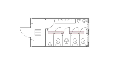Plattegrond van toiletunit met 4 toiletten en 3 urinoirs.