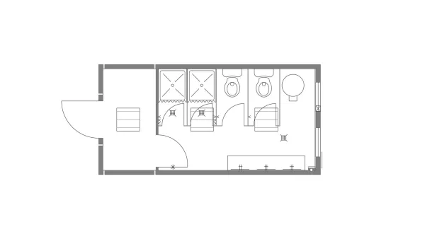Plattegrond van sanitairunit met 2 douches en 2 toiletten.