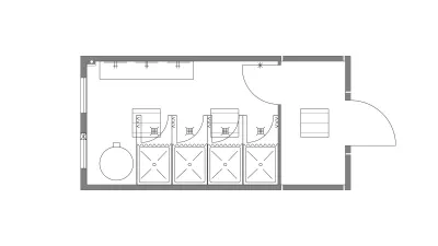 Plattegrond van sanitairunit met vier douchecabines.