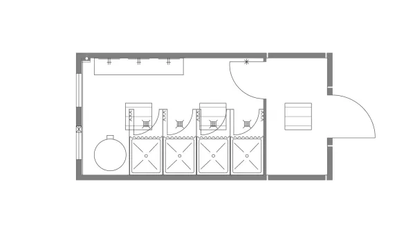 Plattegrond van sanitairunit met vier douchecabines.