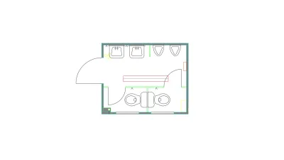 Plattegrond van toiletunit met 2 toiletten, 2 urinoirs en 2 wastafels.