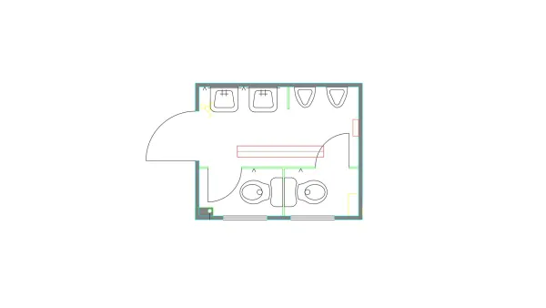 Plattegrond van toiletunit met 2 toiletten, 2 urinoirs en 2 wastafels.