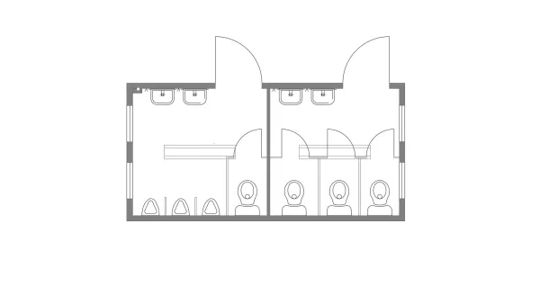 Plattegrond van gescheiden toiletunit voor mannen en vrouwen met toiletten, urinoirs en wastafels.