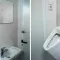 Wastafel en urinoir in kleine toiletunit.