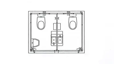 Plattegrond van kleine toiletunit met 2 toiletten, 1 urinoir en 2 wasbakken.