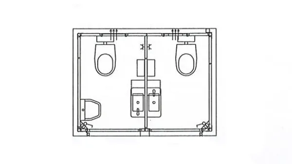 Plattegrond van kleine toiletunit met 2 toiletten, 1 urinoir en 2 wasbakken.