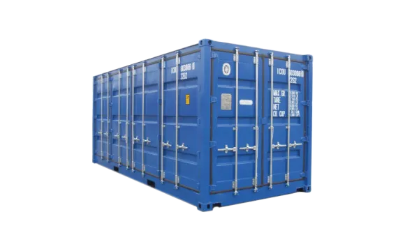 Blauwe 20 ft FSA container met dubbele deuren aan de lange zijde.