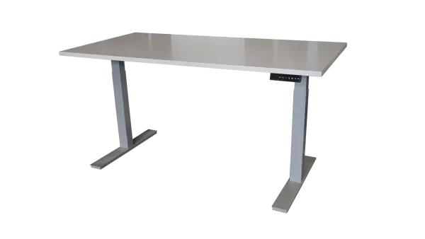 Elektrisch verstelbaar zit-sta-bureau met ruim werkblad voor een ergonomische werkplek in een kantoorunit.
