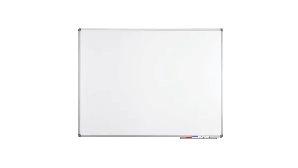 Whiteboard met aluminium frame, markerhouder en whiteboardstiften voor gebruik in een kantoorunit of vergaderruimte.