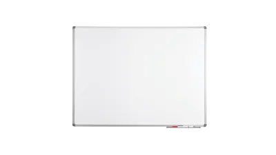 Whiteboard met aluminium frame, markerhouder en whiteboardstiften voor gebruik in een kantoorunit of vergaderruimte.