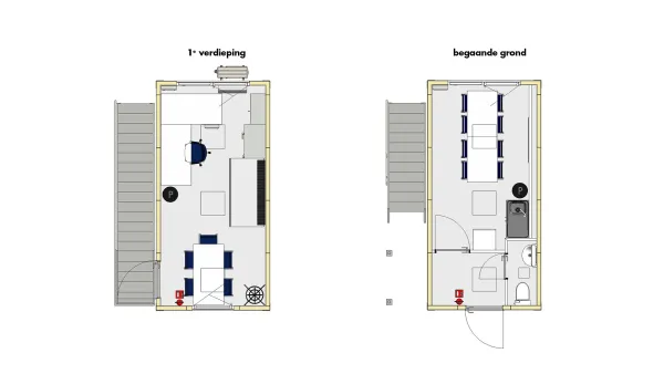 Plattegrond van bouwkeet voor 12 personen, set 2, met indeling van de begane grond en eerste verdieping.