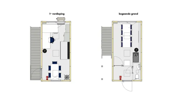 Plattegrond van bouwkeet voor 12 personen, set 2, met indeling van de begane grond en eerste verdieping.