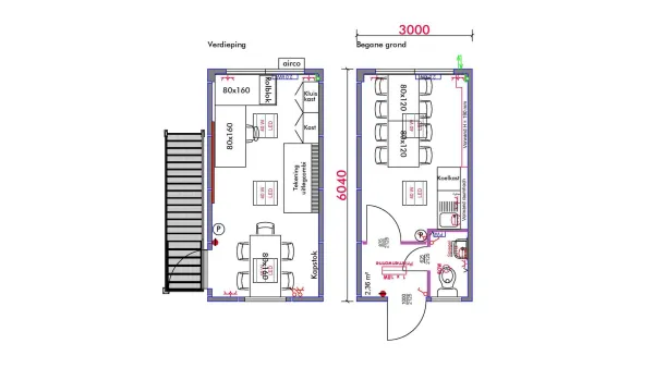Technische plattegrond van bouwkeet voor 12 personen, set 2, met indeling en maatvoering van de begane grond en eerste verdieping.