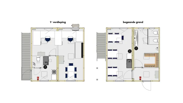 Plattegrond van RECO bouwkeet voor 15 personen met begane grond en eerste verdieping