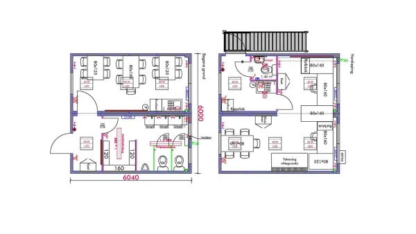 Plattegrond met maatvoering en inrichting van RECO bouwkeet voor 15 personen met twee verdiepingen
