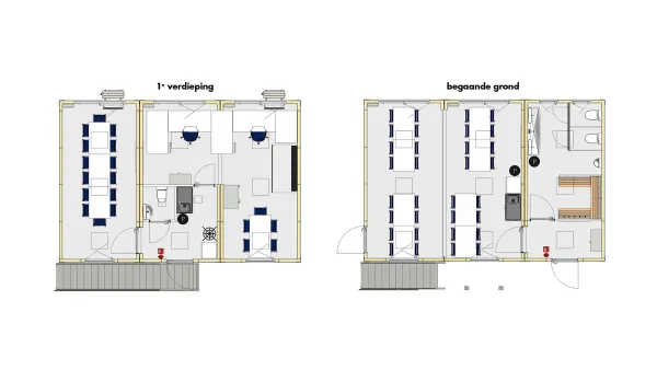 Plattegrond van de begane grond en eerste verdieping van de RECO bouwkeet voor 32 personen