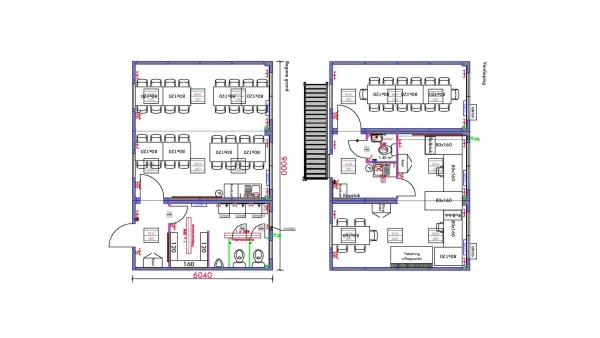 Technische plattegrond van de begane grond en eerste verdieping van de RECO bouwkeet voor 32 personen