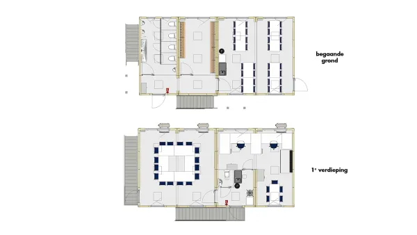 Plattegrond van bouwkeet voor 32 personen, set 5, met indeling van de begane grond en eerste verdieping.