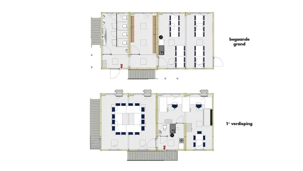 Plattegrond van bouwkeet voor 32 personen, set 5, met indeling van de begane grond en eerste verdieping.