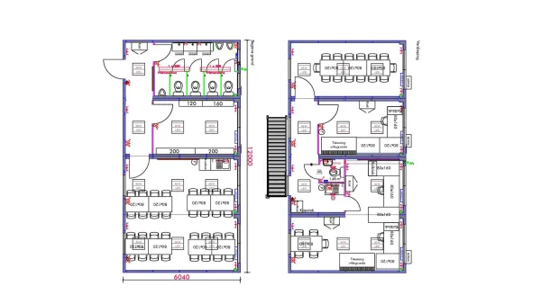Technische plattegrond van bouwkeet voor 32 personen, set 5, met maatvoering en indeling van beide verdiepingen.
