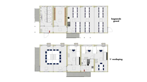 Plattegrond van RECO bouwkeet voor 48 personen met begane grond en eerste verdieping
