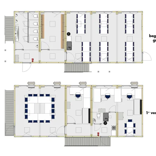 Plattegrond van RECO bouwkeet voor 48 personen met begane grond en eerste verdieping