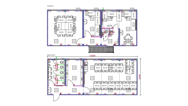 Technische plattegrond van RECO bouwkeet voor 48 personen met begane grond en eerste verdieping