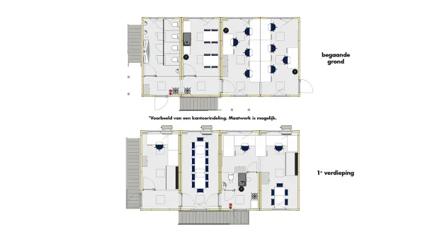 Plattegrond van kantoorunit set 4 met indeling van de begane grond en eerste verdieping.