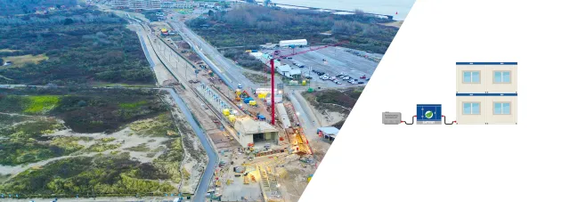 Bouwplaats van Boskalis voor de Metro aan Zee met duurzame stroomvoorziening via battery pack