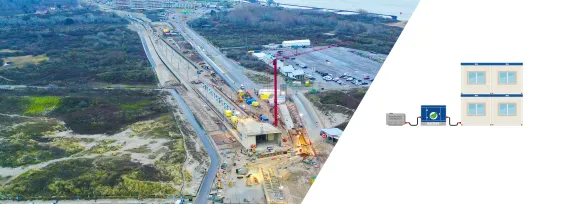 Bouwplaats van Boskalis voor de Metro aan Zee met duurzame stroomvoorziening via battery pack